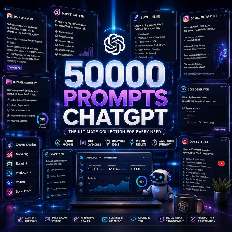 May include: A digital graphic featuring the text 50000 PROMPTS CHATGPT THE ULTIMATE COLLECTION FOR EVERY NEED. The image displays multiple floating windows showing AI-generated content, a laptop with a dashboard, and a small white robot figure.