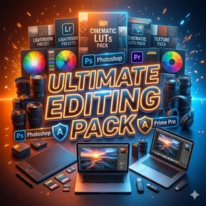 May include: An image showcasing an "ULTIMATE EDITING PACK" with software logos, cameras, lenses, laptops, and a graphics tablet. The image features the text "ULTIMATE EDITING PACK" in large, glowing letters, with additional text for "Photoshop" and "Prime Pro".