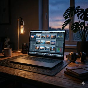 May include: A laptop displaying photo editing software sits on a wooden desk, next to a desk lamp with a vintage bulb, a coffee mug, and a pair of headphones. The screen shows a grid of landscape images. A potted plant is in the background.