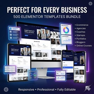 K&ouml;nnte beinhalten: Werbung f&uuml;r ein digitales Marketing-Bundle mit einem Computer, Tablet und Smartphones, die Website-Vorlagen anzeigen. Der Text lautet "Perfekt f&uuml;r jedes Unternehmen" und hebt Funktionen wie "Responsive" und "Vollst&auml;ndig bearbeitbar" hervor.