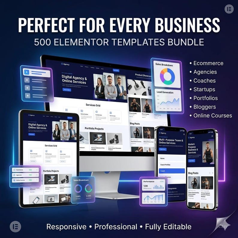 K&ouml;nnte beinhalten: Werbung f&uuml;r ein digitales Marketing-Bundle mit einem Computer, Tablet und Smartphones, die Website-Vorlagen anzeigen. Der Text lautet "Perfekt f&uuml;r jedes Unternehmen" und hebt Funktionen wie "Responsive" und "Vollst&auml;ndig bearbeitbar" hervor.