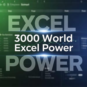 Puede incluir: Gráfico digital con la palabra "EXCEL" en letras blancas grandes y en negrita. Debajo, el texto dice "3000 World Excel Power" en blanco. El fondo hace una transición de verde a azul, con un gráfico de datos.