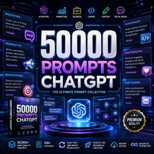 May include: A digital graphic featuring the text 50000 PROMPTS CHATGPT in large white and purple gradient lettering. The design includes various icons, text boxes for AI writing, marketing, and coding, and a central glowing blue logo.