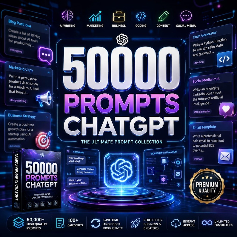 May include: A digital graphic featuring the text 50000 PROMPTS CHATGPT in large white and purple gradient lettering. The design includes various icons, text boxes for AI writing, marketing, and coding, and a central glowing blue logo.
