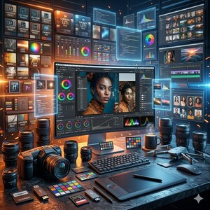 May include: A digital workstation setup for photo and video editing. The scene includes a computer monitor displaying editing software, a camera, lenses, a keyboard, a graphics tablet, and various accessories. The color palette is dominated by blacks, grays, and blues.
