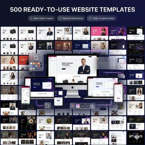 K&ouml;nnte beinhalten: Werbebild mit 500 sofort einsatzbereiten Website-Vorlagen. Das Bild zeigt verschiedene Website-Designs auf verschiedenen Ger&auml;ten, darunter Desktops, Laptops, Tablets und Smartphones. Der Text hebt Funktionen wie One-Click-Import, mobile Optimierung und vollst&auml;ndige Anpassbarkeit hervor.