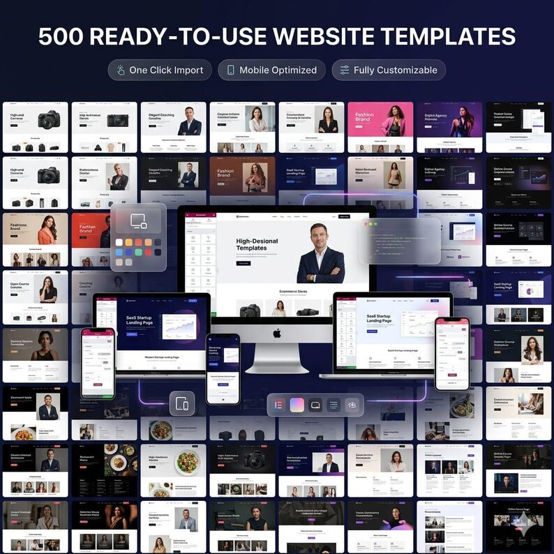 K&ouml;nnte beinhalten: Werbebild mit 500 sofort einsatzbereiten Website-Vorlagen. Das Bild zeigt verschiedene Website-Designs auf verschiedenen Ger&auml;ten, darunter Desktops, Laptops, Tablets und Smartphones. Der Text hebt Funktionen wie One-Click-Import, mobile Optimierung und vollst&auml;ndige Anpassbarkeit hervor.