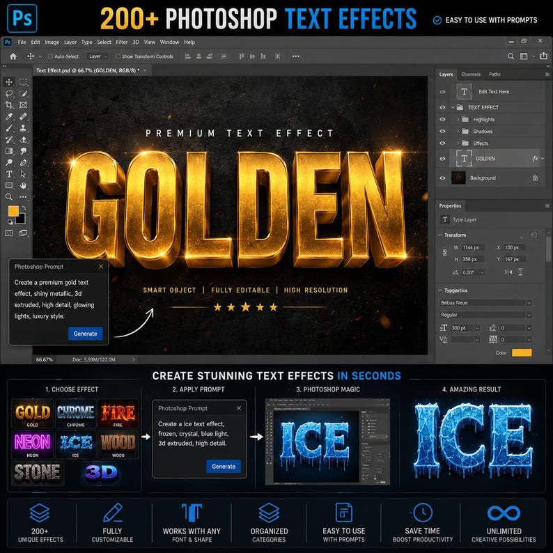 Może przedstawiać: Cyfrowy interfejs programu Adobe Photoshop wyświetlający 200+ Photoshop Text Effects. Ekran pokazuje złoty efekt tekstowy 3D z jarzącymi się światłami, okno poleceń oraz przewodnik krok po kroku tworzenia efekt&oacute;w takich jak złoto, chrom, ogień, neon, l&oacute;d, drewno i kamień.