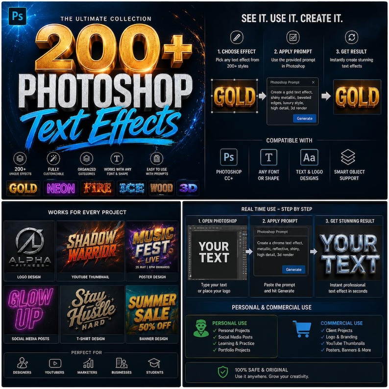 Może przedstawiać: Cyfrowa kolekcja ponad 200 efekt&oacute;w tekstowych do programu Photoshop, obejmująca style złote, neonowe, ogniste, lodowe, drewniane i 3D. Grafika przedstawia instrukcje krok po kroku dotyczące stosowania prompt&oacute;w w Photoshopie oraz przykłady.