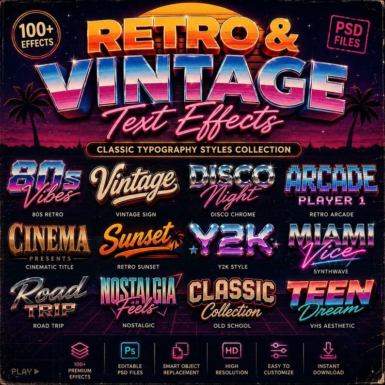 May include: A digital graphic design product featuring retro and vintage text effects. The image showcases various text styles like "80s Vibes," "Disco Night," and "Miami Vice." Includes editable PSD files and high-resolution options.