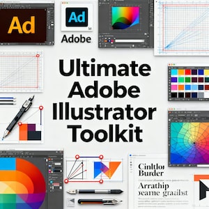 May include: An image showcasing the "Ultimate Adobe Illustrator Toolkit" with various Adobe software interface screenshots, color palettes, and design tools. The image includes the Adobe logo and design elements.