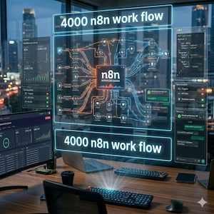 May include: A digital workspace with multiple computer screens displaying data visualizations and workflow diagrams. The central screen features the text "n8n WORKFLOW ENGINE" and "4000 n8n work flow". A keyboard and laptop are on the wooden desk.