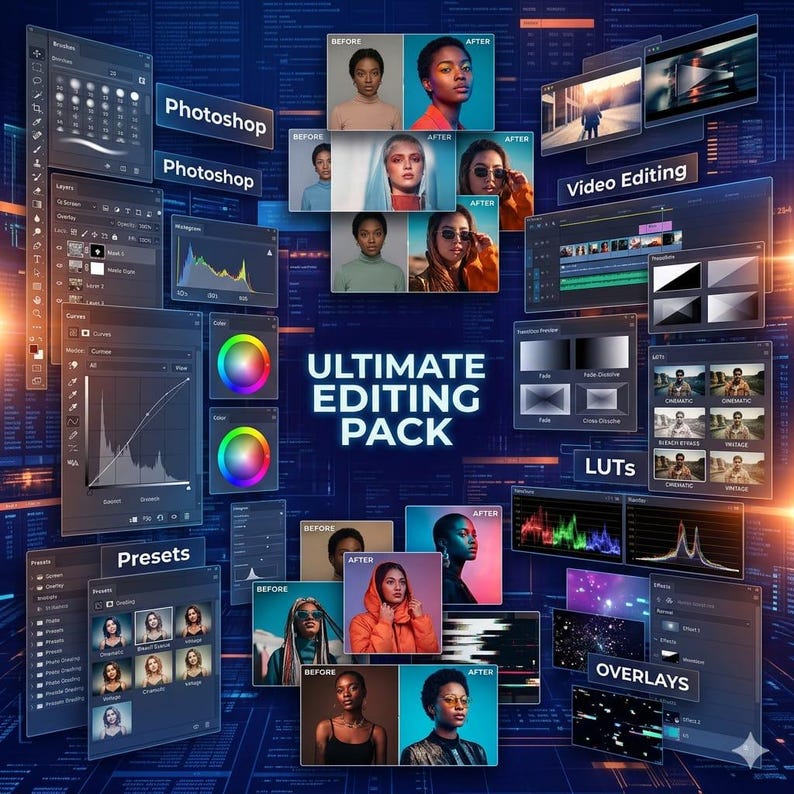 May include: A digital graphic showcasing an "Ultimate Editing Pack" with software interface elements for Photoshop and video editing. The image includes "Before" and "After" examples of photo enhancements, color adjustments, and presets, with the text "LUTS" and "Overlays".