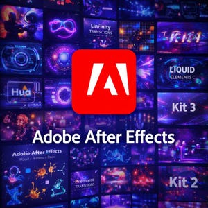 May include: A promotional image for Adobe After Effects software. The image features the Adobe logo in a red square, surrounded by various video effects and transitions. Text includes "Linfinity Transitions," "Liquid Elements C," and "Kit 3."