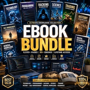 May include: An ebook bundle collection featuring over 80 ebooks and 8,000 pages. The display includes various book covers titled Technology, Programming, Hacking, Science, Trading, History, Self-Improvement, and Digital Resources, with a laptop and smartphone.