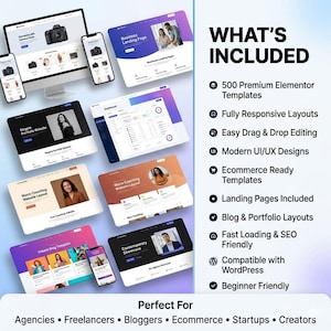 K&ouml;nnte beinhalten: Eine digitale Marketinggrafik mit Website-Mockups auf verschiedenen Ger&auml;ten. Das Bild enth&auml;lt den Text "WHAT'S INCLUDED" und listet Funktionen wie "500 Premium Elementor Templates" und "Ecommerce Ready Templates" auf.