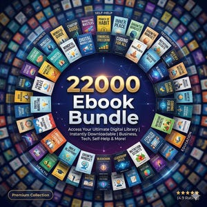 May include: A promotional image for an ebook bundle. The image features a circular arrangement of colorful book covers with titles like "Digital Marketing" and "Growth Mindset." The text "22000 Ebook Bundle" is prominently displayed, along with the tagline "Access Your Ultimate Digital Library."
