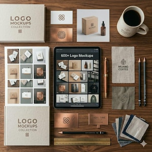 Pode incluir: Uma composição de mockups de branding em uma superfície de madeira. A imagem inclui um tablet com "600+ Logo Mockups", cartões de visita, uma caneca de café e uma caixa com "Logo Mockups Collection".