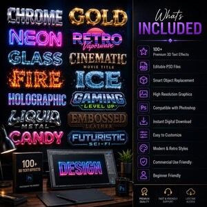 May include: A digital design bundle featuring 100+ 3D text effects in various styles like Chrome, Neon, and Fire. The image includes a tablet displaying a "DESIGN" graphic, a Photoshop bundle box, and a coffee mug.