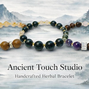 May include: Three handcrafted herbal bracelets with various gemstone beads, including brown, black, and purple, are displayed. The bracelets are set against a serene landscape backdrop with the text "Ancient Touch Studio" and "Handcrafted Herbal Bracelet".