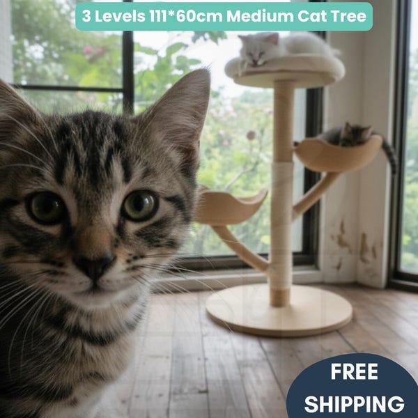Albero tiragraffi minimalista a 3 livelli, 111 cm, di medie dimensioni, per due o tre gatti.