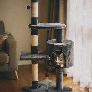 May include: A gray and beige cat tree with multiple platforms, a cat house, and scratching posts. The cat tree has a square base with a paw print design and a dangling ball toy. A cat is inside the cat house.
