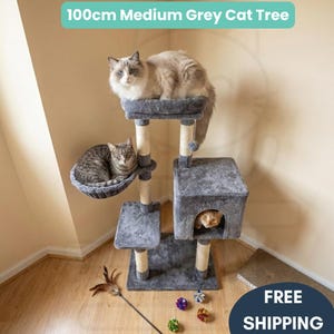 May include: A medium grey cat tree with multiple levels, including a perch, a basket, and a hideaway. The cat tree is 100cm tall and features a plush, soft material. Two cats are using the cat tree. The text "100cm Medium Grey Cat Tree" is at the top.