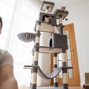 May include: A multi-level cat tree with multiple platforms, a hammock, and a hanging toy. The cat tree is gray and beige, with sisal-wrapped posts. Two cats are visible on the structure, one in a cubby and one on a top platform.