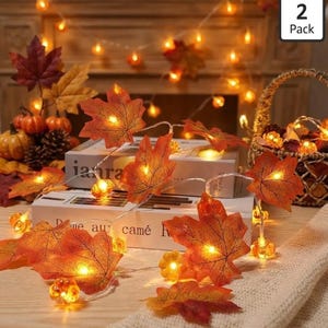 May include: A 2-pack of string lights featuring artificial orange and red maple leaves interspersed with small glowing pumpkin-shaped bulbs. The lights are draped over two stacked books, with a woven basket and pumpkins visible nearby.