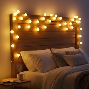 Puede incluir: Una escena de dormitorio acogedora con un cabecero de madera adornado con una guirnalda de luces esféricas. La cama está hecha con almohadas blancas y una manta texturizada. Una taza de café está en una mesita de noche.