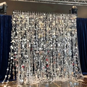 May include: A shimmering silver sequin backdrop curtain composed of numerous vertical strands featuring reflective, circular metallic discs. The curtain hangs from a horizontal rod, creating a dense, light-catching display of dangling silver elements.