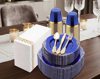350 stuks doorzichtige blauwe plastic borden met gouden rand voor 50 gasten, wegwerp servies set, bruiloftsborden, feestartikelen, gouden bestek