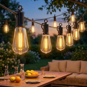 May include: A string of Edison-style light bulbs with a warm glow hangs above a wooden table. The bulbs are suspended against a backdrop of greenery and a twilight sky. The table is set with fruit and glassware, creating a scene for an outdoor gathering.