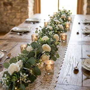 May include: A long table centerpiece featuring white roses, green eucalyptus leaves, and small white flowers intertwined with warm string lights. Several small, textured gold votive candle holders are placed along the length of the garland.