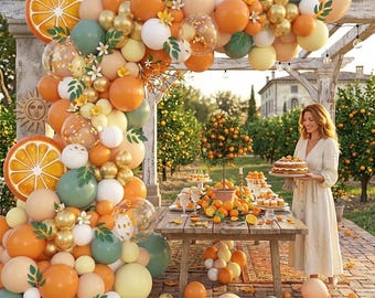 115Little Cutie babyshower ballonslinger kit, oranje ballonboog, citrus babyshower decor, salie groen gele ballonnen, wilgenbladeren