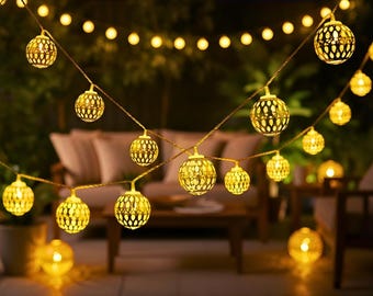 Marokkanische Gold Globe LED Lichterkette | Batterie Girlande für Hochzeit, Home & Ramadan Dekoration