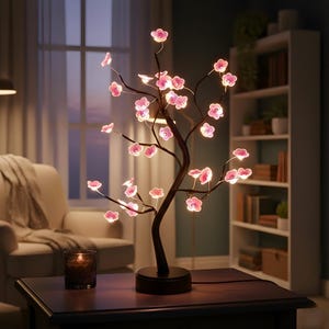 May include: A decorative table lamp shaped like a tree with pink flower-shaped lights. The lamp has a dark brown base and branches, with the flowers illuminated. The lamp is on a dark wooden table in a room with a window and a bookshelf.