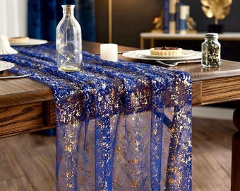 Tischläufer aus blau-goldenem Gaze, 305 cm (120 Zoll), glitzernder, metallisch schimmernder, transparenter Tischläufer für Hochzeiten, Brautpartys, Partys und festliche Tischdekoration