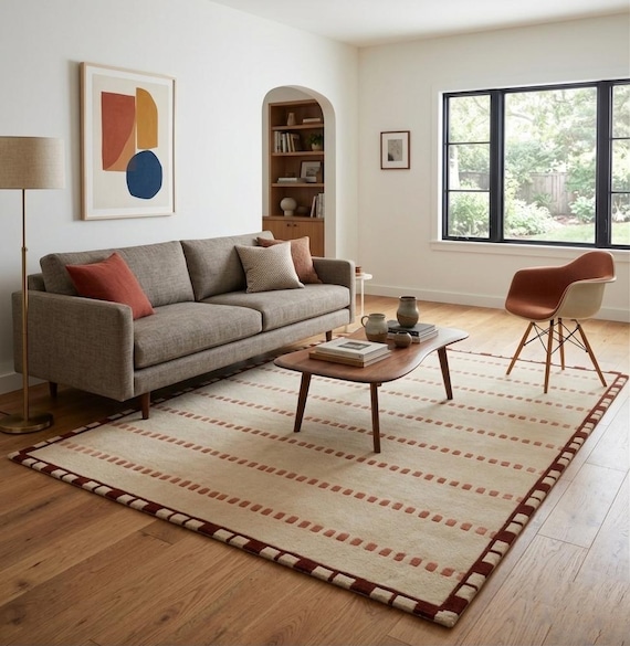 Hand Tufted Wool Area Rug, Modern Neutral Cream Rug, Minimalist Geometric Rug, Handmade Wool Carpet, Living Room Bedroom Decor