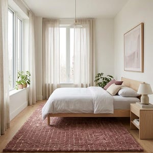Puede incluir: Un dormitorio con una estructura de cama de madera clara con edredón blanco, una alfombra texturizada de color malva y una mesita de noche de madera clara a juego. Una lámpara de mesa descansa sobre la mesita y cortinas transparentes cubren las ventanas.