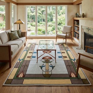 Puede incluir: Una alfombra rectangular que presenta un panel central azul claro con un motivo floral estilizado en marrón, verde y naranja. La alfombra tiene un borde ancho en tonos marrón, verde y amarillo, con patrones geométricos y detalles florales.
