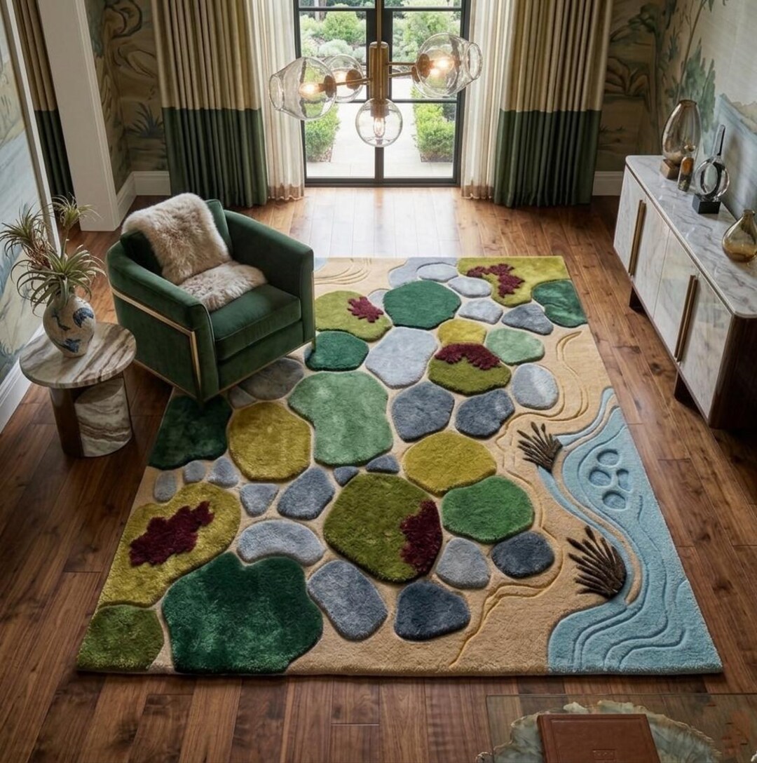 3D Sculpted Wool Rug | Hand Tufted Pebble River Area Carpet | Botanical ...