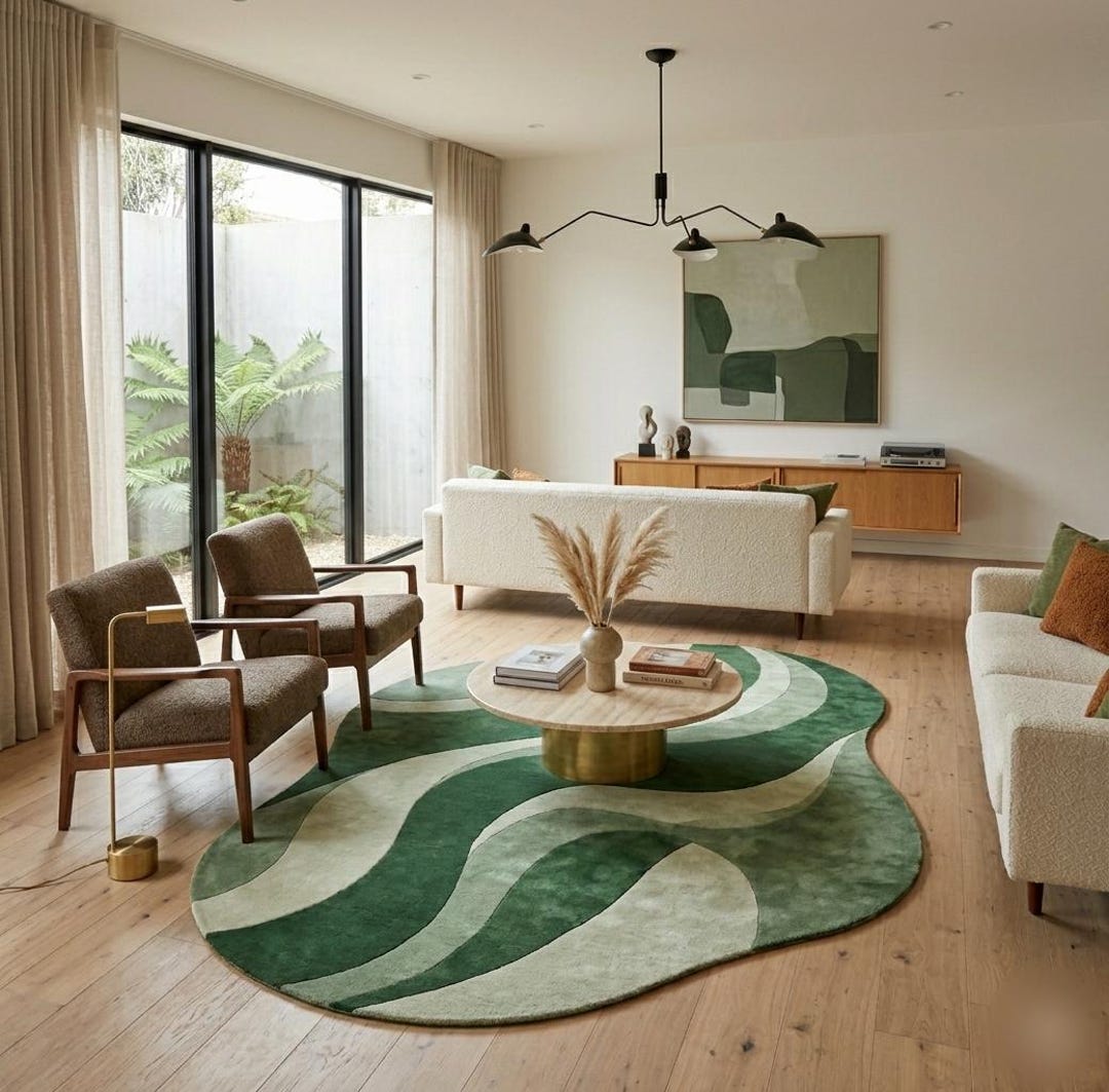 Hand-tufted Wool Abstract Face Rug, Modern Green Multi Line Art - Etsy