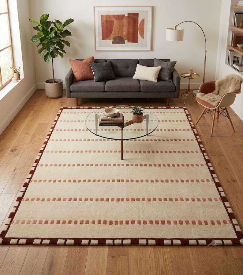 Puede incluir: Una alfombra rectangular con base de color crema y filas horizontales de peque&ntilde;os mechones rectangulares de color terracota. La alfombra est&aacute; enmarcada por un borde s&oacute;lido de color marr&oacute;n oscuro con un patr&oacute;n de cuadrados color crema.