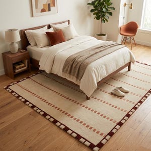 Alfombra de lana tejida a mano, alfombra moderna color crema neutro, alfombra geométrica minimalista, alfombra de lana hecha a mano, decoración para sala de estar y dormitorio. imagen 3