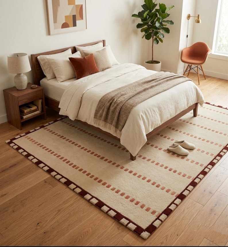 Alfombra de lana tejida a mano, alfombra moderna color crema neutro, alfombra geométrica minimalista, alfombra de lana hecha a mano, decoración para sala de estar y dormitorio. imagen 3