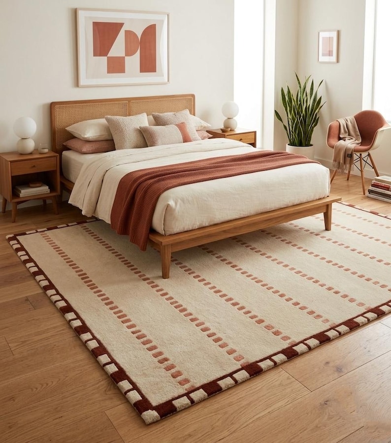 Puede incluir: Una alfombra rectangular con una base de color crema y rayas verticales repetitivas compuestas por peque&ntilde;os patrones cuadrados de color rojo oscuro. La alfombra tiene un borde grueso de color rojo oscuro que enmarca el per&iacute;metro.