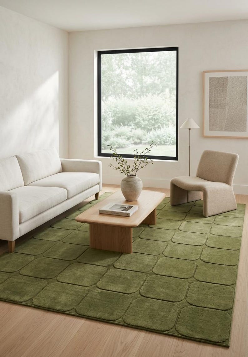 Green Solid Pattern Rug Hand Tufted Green Wool Rug, Modern Organic Geometric Area Rug ...