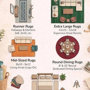 Puede incluir: Una infograf&iacute;a titulada Rugs by Size BHADOHIHANDMADERUGS que muestra varias categor&iacute;as de alfombras, incluyendo pasilleras, alfombras extra grandes, medianas, redondas para comedor y pie de cama con sus dimensiones en pies y ubicaciones.