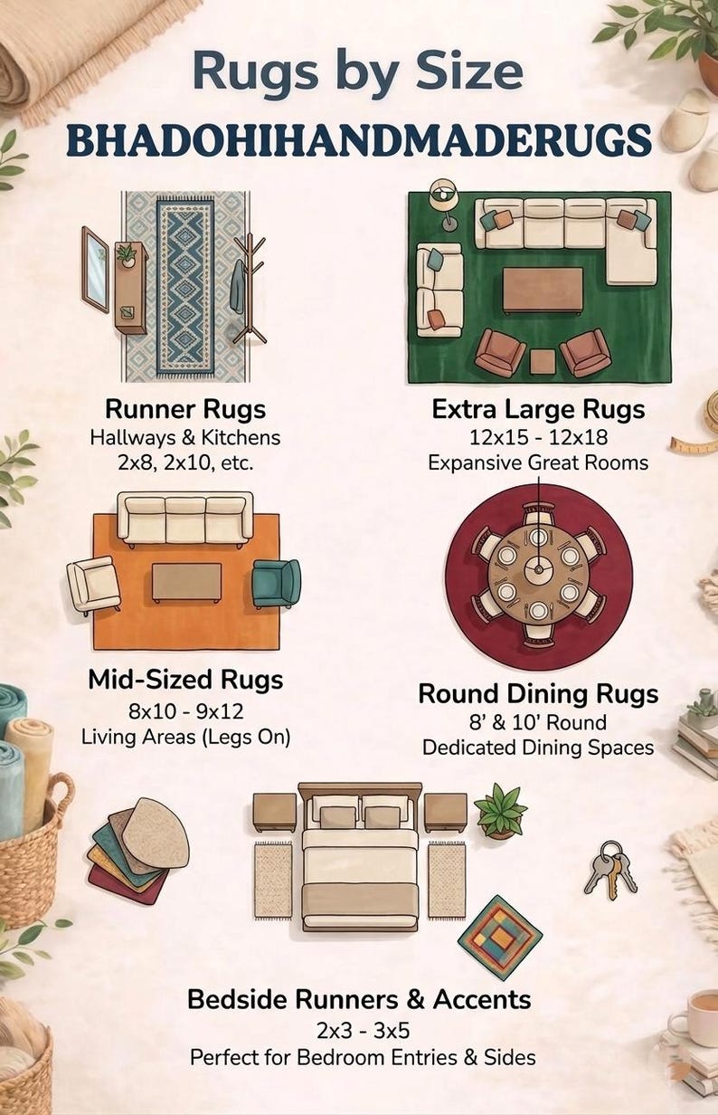 Puede incluir: Una infograf&iacute;a titulada Rugs by Size BHADOHIHANDMADERUGS que muestra varias categor&iacute;as de alfombras, incluyendo pasilleras, alfombras extra grandes, medianas, redondas para comedor y pie de cama con sus dimensiones en pies y ubicaciones.